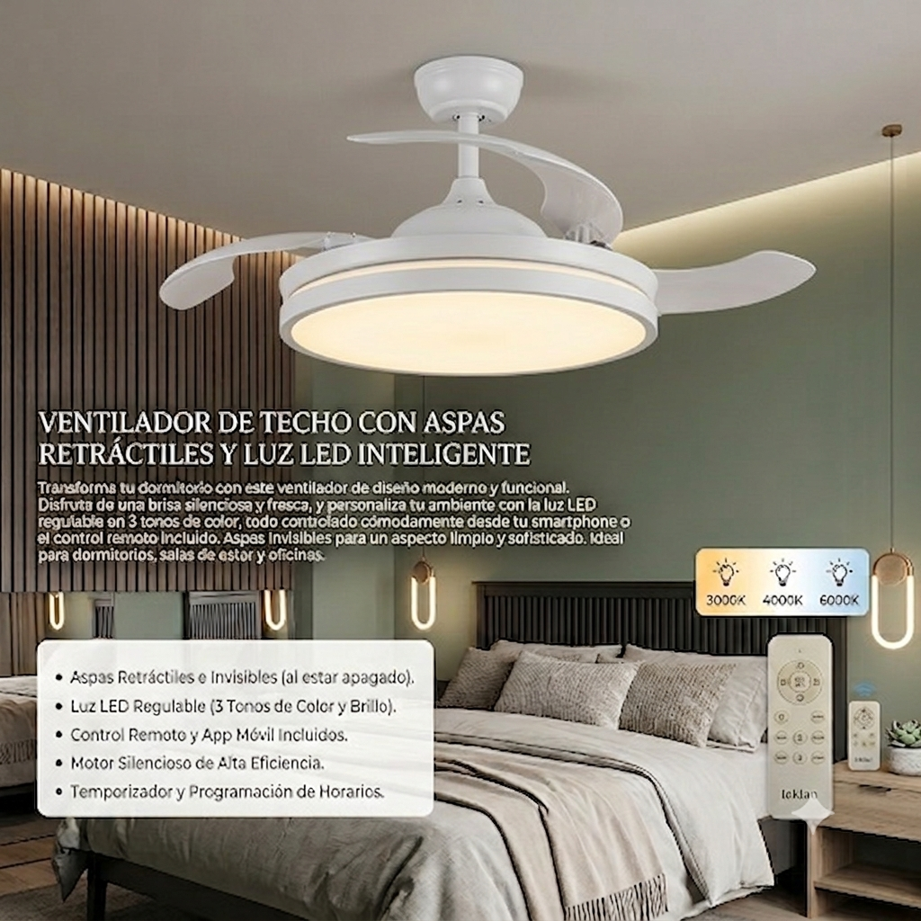 VENTILADOR DE TECHO CON ASPAS RETRÁCTILES Y LUZ LED INTELIGENTE